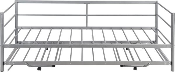 Twin Size Daybed with Foldable Adjustable Trundle,Multi-Function Wooden Bed Frame,w/Solid Metal Slats Provide Stable Support,for Dorm,Apartment,Studio,Office,Silver - Image 5