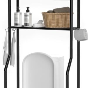 3-Tier Over The Toilet Storage, Space Saver Metal Bathroom Shelves, Freestanding Above Over Toilet Storage Shelf with 4 Hooks for Bathroom, Black