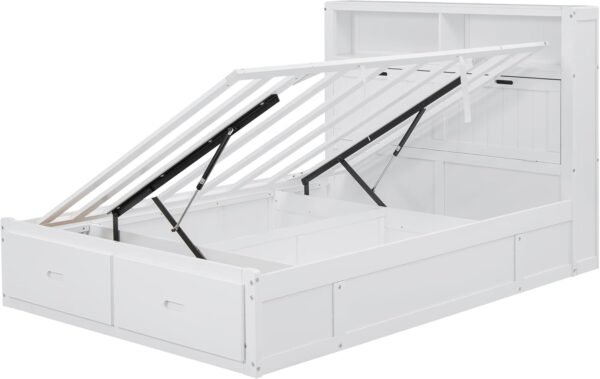 Full Size Platform Bed with Storage Shelves Headboard, Hydraulic Storage Cabinets and 2 Drawers Underneath, Wood Lift Up Bed Frame with LED Light and Charging Station, White - Image 5