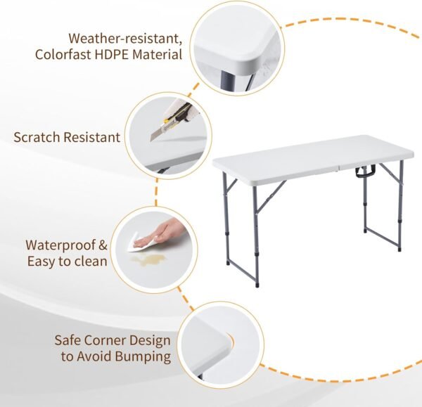 BOOSDEN 4 Foot Folding Table, Portable Rectangle Card Table, Indoor Outdoor Plastic Fold-in-Half Utility Table with Carrying Handle, Adjustable Height Foldable Table for Picnic,Party,Camping,Office - Image 4