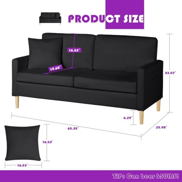 TYBOATLE 66" Sofa Couch,PU Leather Loveseat w/ 2 USB Charging Ports & Pillow,Modern Love Seats for Living Room,Small Couches for Small Spaces,Office,Bedroom(Black) (Black, 66" W) - Image 4