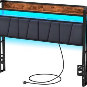 Furnulem Full Size Headboard Storage 2 Tier Headboard with USB Ports for Dorm LED Light College Headboard Shelf Height Adjustable Modern Style Headboard with Charging Station Black