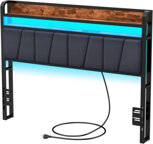 Furnulem Full Size Headboard Storage 2 Tier Headboard with USB Ports for Dorm LED Light College Headboard Shelf Height Adjustable Modern Style Headboard with Charging Station Black