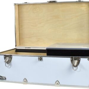 C&N Footlockers – Full-Size Happy Camper Trunk w/Tray – #1 Summer Camp Trunk – Made in the USA – Steel Footlocker with Lid Stay – 32 x 18 x 13.5 Inches (White)