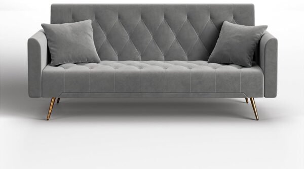 OUYESSIR Velvet Futon Sofa Bed with 2 Pillows, Convertible Futon Small Couch, 71 inch Sleeper Sofa for Bedroom Living Room, Grey - Image 8