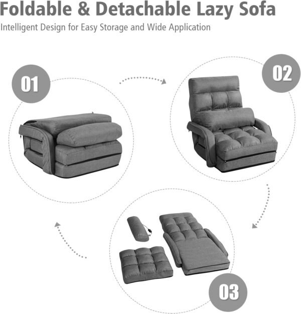 Giantex Folding Lazy Sofa Floor Chair, Indoor Chaise Lounger Bed with 6 Adjustable Position, Pillow Living Room Lounge Couch(Gray) - Image 4