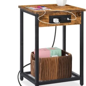 melos Nightstands with Charging Station, 2 Tier Bedside Table with USB Ports and Outlets, Narrow End Table with Storage Shelf, Side Tables for Bedroom, Living Room, Rustic Brown
