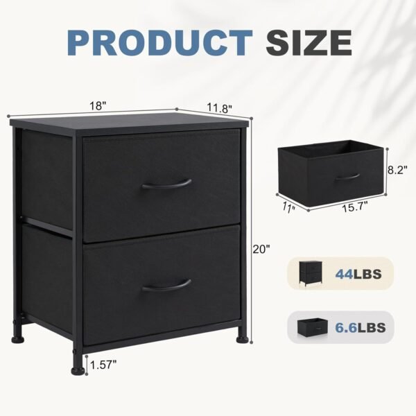 DUMOS Nightstand Set of 2 Small Dresser with 2 Fabric Drawers Side Bedroom End Table Kids Bedside Storage Furniture for 20 inch Tall Night Stand for Closet, Entryway, College Dorm, 2 Pack, Black - Image 3