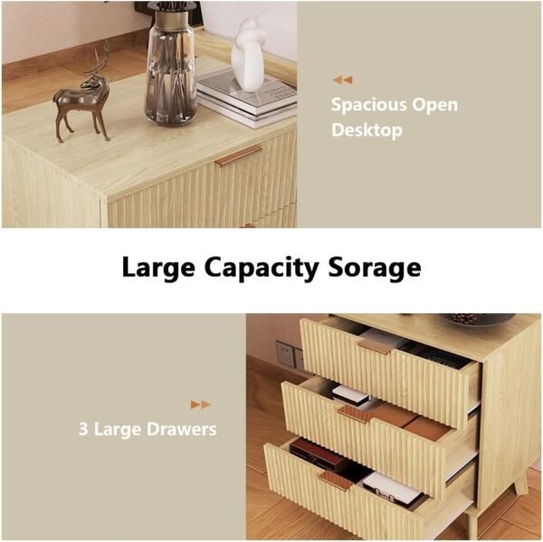 Mid-Century 3 Drawers Bedside Table Cabinet, Modern Nightstand with 3 Drawer and Solid Wood Legs, Contemporary 3-Drawer Nightstand, Mid Century Nightstand with 3 Storage Drawer for Bedroom (Natural) - Image 4