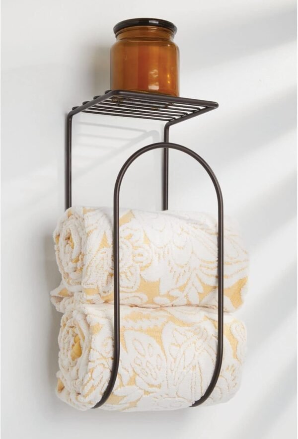mDesign Modern Metal Wire Wall Mount Towel Rack Holder and Organizer with Storage Shelf - for Bathroom Towels, Washcloths, Hand Towels - Decorative Curved Design - Bronze - Image 5