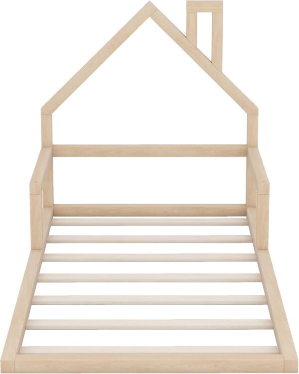 Twin Size Floor Platform House-Shaped Headboard,Solid Wood Bed Frame W/a Chimney,No Box Spring Required,for Bedroom,Apartment,Guest Room,Natural - Image 6
