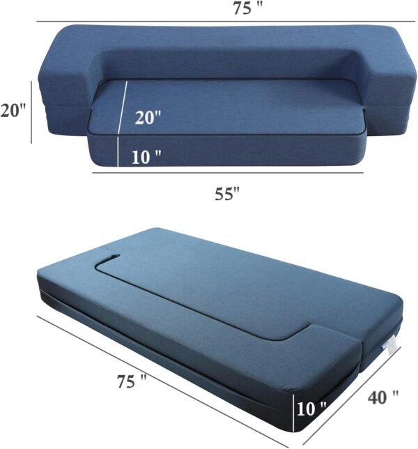 WOTU Folding Bed Couch 10 Inch Fold Out Sofa Bed Memory Foam Mattress Comfortable Floor Couch Sleeper Sofa Twin, Dark Blue for Apartments, College Dorms, Guest Room, Living Room - Image 3