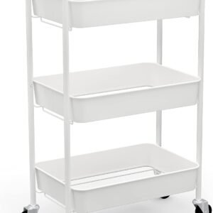 CAXXA 3-Tier Rolling Metal Storage Organizer – Mobile Utility Cart Kitchen Cart with Caster Wheels, White