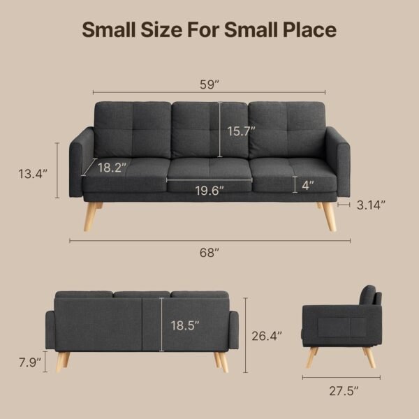 Gizoon 67” Sofa Couch with Soft Armrest Small Sofa Seat with 3 Comfy Pillows for Bedroom 2-Seater Couch for Living Room Teenagers Room Office and Small Spaces, Dark Gray - Image 2