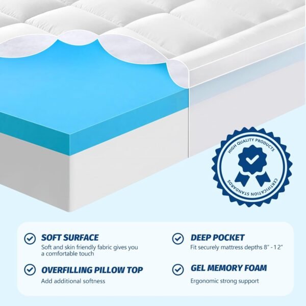 Twin XL Memory Foam Mattress Topper - 3 Inch Dual Layer Mattress Pad for College Dorm - 2 Inch Cooling Gel Memory Foam Plus 1 Inch Pillow Top Cover - Ultra Soft Support for Back Pain - Image 4
