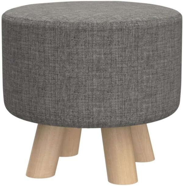 Modern Round Ottoman Foot Rest Stool/Seat Pouf Ottoman with Linen Fabric and Non-Skid Wooden Legs (Grey) - Image 4