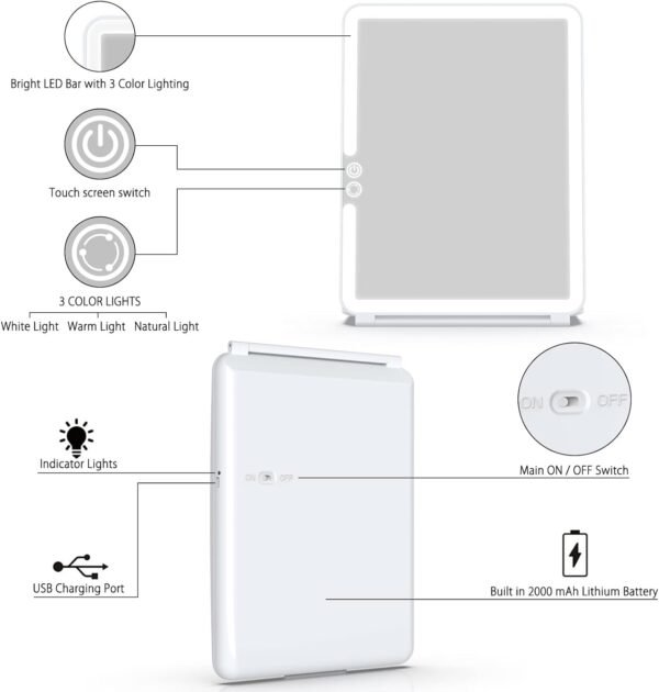WEILY Portable Travel Mirror Makeup Mirror with 72 LED Lights, Touch Screen Three Colors Dimmable,Ultra Thin, 2000 mAh USB Rechargeable Foldable Cosmetic Mirror(White) - Image 7
