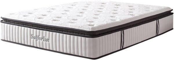 Suiforlun Queen Mattress 12 Inch, Pillow Top Cool Gel Memory Foam Hybrid Mattress with Luxury 7 Layers, Zone Encased Coils Innerspring for Back Pain Relief, Medium Firm, 120 Nights Trial