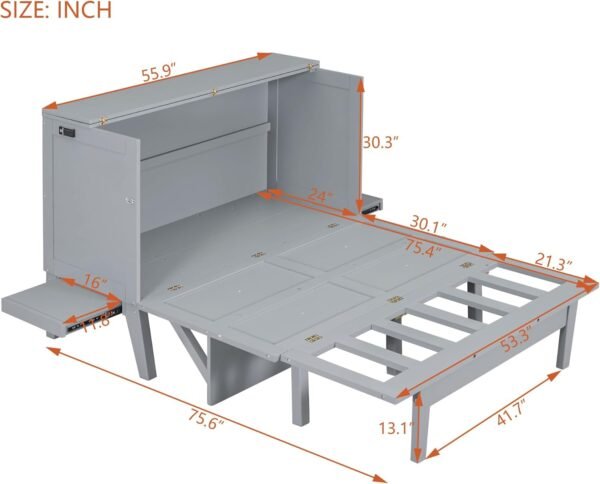 Murphy Bed Full Szie,Cabinet Hideaway Bed with USB Port and Removable Shelves,Wall Bed W/ 2 Movable Desks,can be Folded,Platform Bedframe for Kids Bedroom,Student Dorms,Gray - Image 3