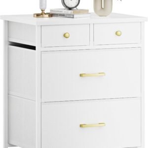 Nightstand, Small Dresser, Bedside Furniture, White Night Stand End Table with 4 Fabric Drawers for Bedroom, Leather Finish & Wood Top, White