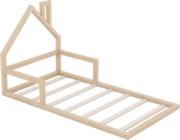 Twin Size Floor Platform House-Shaped Headboard,Solid Wood Bed Frame W/a Chimney,No Box Spring Required,for Bedroom,Apartment,Guest Room,Natural - Image 7