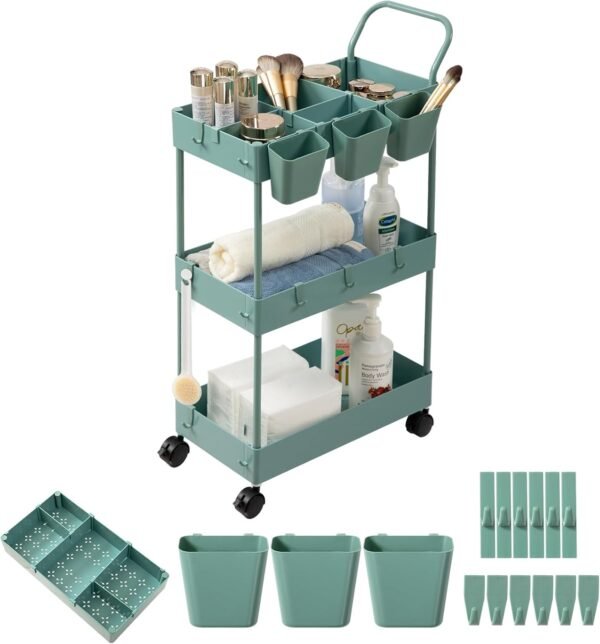 danpinera Storage Cart on Wheels, 3 Tier Bathroom Cart Organizer Slim Laundry Cart Narrow Shelf Cart with Wheels Dividers Hanging Cups Hooks Handle Easy Assembly, Green