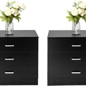 3 Drawer Nightstand Set of 2, Black Night Stand for Bedroom, Modern 3 Drawer Dresser, Wood Bed Side Table/Night Stand with Drawers for Small Spaces, College Dorm, Living Room 13″ D X 26″ W X 22″ H