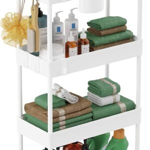 LEHOM Slim Rolling Storage Cart – 4 Tiers Bathroom Organizer Utility Cart Slide Out Storage Shelves Mobile Shelving Unit for Kitchen, Bedroom, Office, Laundry Room, Small Narrow Spaces (Pear White)