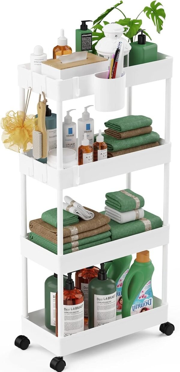 LEHOM Slim Rolling Storage Cart - 4 Tiers Bathroom Organizer Utility Cart Slide Out Storage Shelves Mobile Shelving Unit for Kitchen, Bedroom, Office, Laundry Room, Small Narrow Spaces (Pear White)