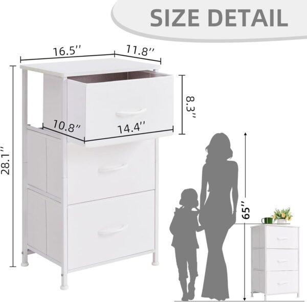 Somdot White Nightstand, 3 Drawer Dresser for Bedroom, Bedside Table Night Stand End Table with Fabric Bins for Bedroom Nursery Closet Dorm Living Room, White Leather - Image 3