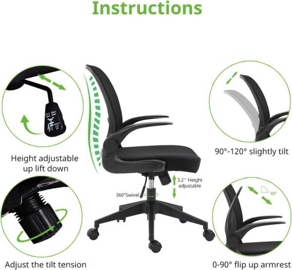 Armless Home Office Desk Chairs,Ergonomic Office Chairs with Lumbar Support,Folding Mesh Backrest Adjustable Swivel Rolling Task Criss Cross Chair,Computer Vanity Gamer Reading Chairs -b (Black-2) - Image 5