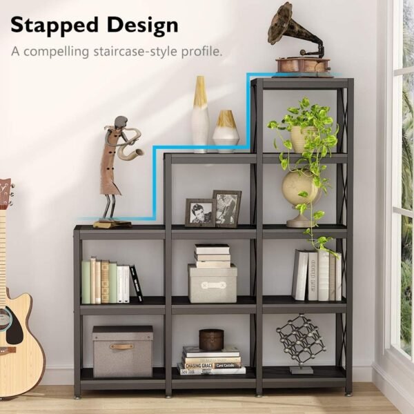 Tribesigns 12 Shelves Bookshelf, Industrial Ladder Corner Bookshelf 9 Cubes Stepped Etagere Bookcase, Rustic 5-Tier Display Shelf Storage Organizer for Home Office (Black) - Image 4