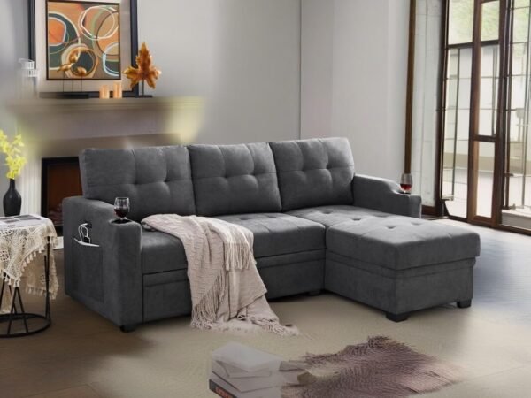 83" L-Shape Convertible Sleeper Sectional Sofa with Storage Chaise & Pull Out Bed, Reversible Corner Couch Design w/Cup Holder, USB Charging Port, Side Pocket for Living Room, Apartment, Office - Image 3