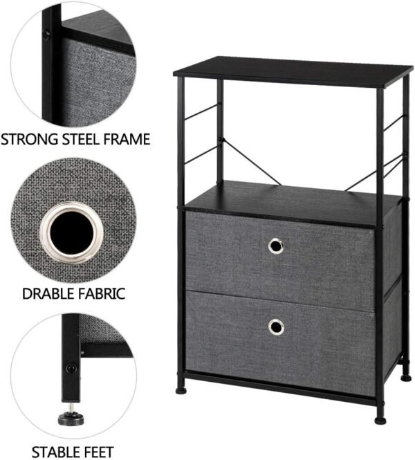 Nightstand 2-Drawer Shelf Storage - Bedside Furniture & Accent End Table Chest For Home, Bedroom, Office, College Dorm, Steel Frame, Wood Top, Easy Pull Fabric Bins, Grey - Image 7