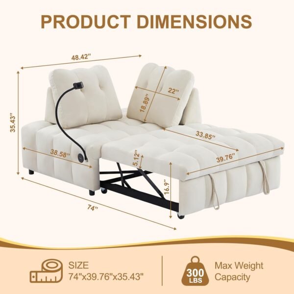 48" Pull Out Sofa Bed, Modern Convertible Sofa Bed Couch with Removale Back, Velvet Cloud Sofa with USB Port and Swivel Phone Stand, Suitable for Living Room, Apartment, Small Place - Beige - Image 2
