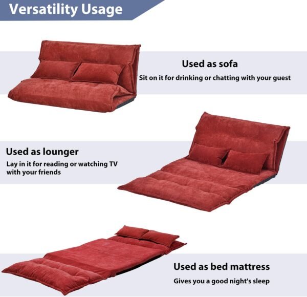 Knocbel Floor Gaming Sofa Chair Folding Mattress Bed Adjustable 5-Position Backrest Comfort Chaise Lounge with 2 Pillows (Red) - Image 4