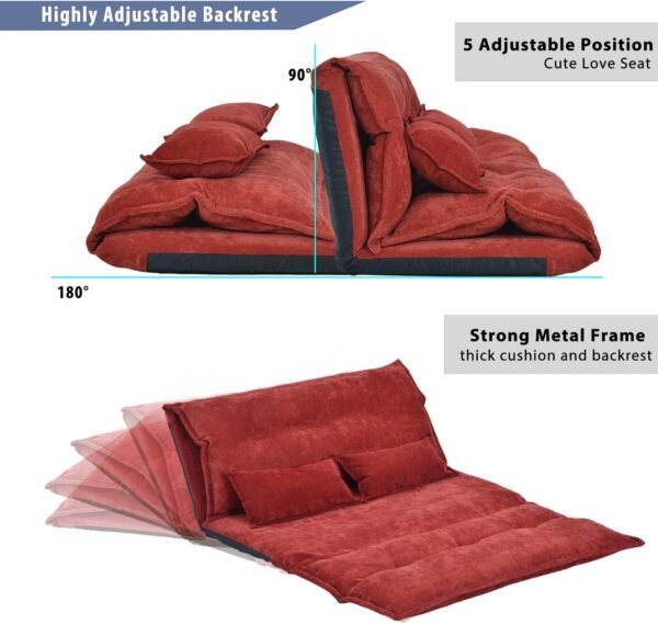 Knocbel Floor Gaming Sofa Chair Folding Mattress Bed Adjustable 5-Position Backrest Comfort Chaise Lounge with 2 Pillows (Red) - Image 8