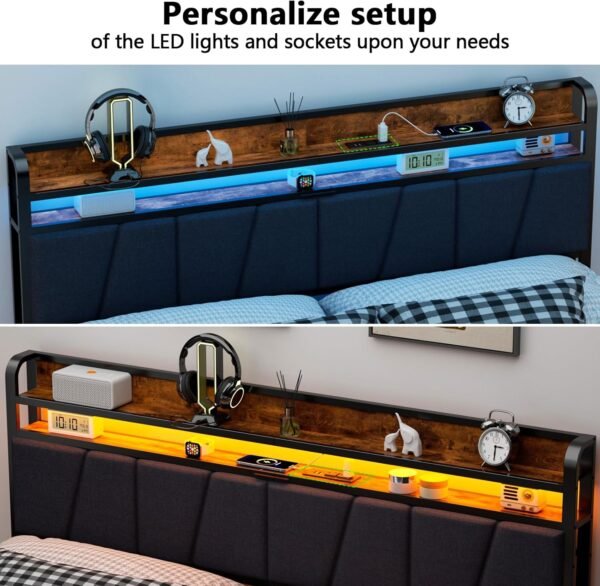 Furnulem Full Size Headboard Storage 2 Tier Headboard with USB Ports for Dorm LED Light College Headboard Shelf Height Adjustable Modern Style Headboard with Charging Station Black - Image 6