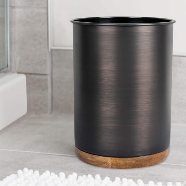 nu steel Salem Metal and Natural Wood Wastebasket, Small Round Plastic Vintage Trash Can for Bathroom, Bedroom, Dorm, College, Office, 8" x 8" x 11", Oil Rubbed Bronze - Image 4