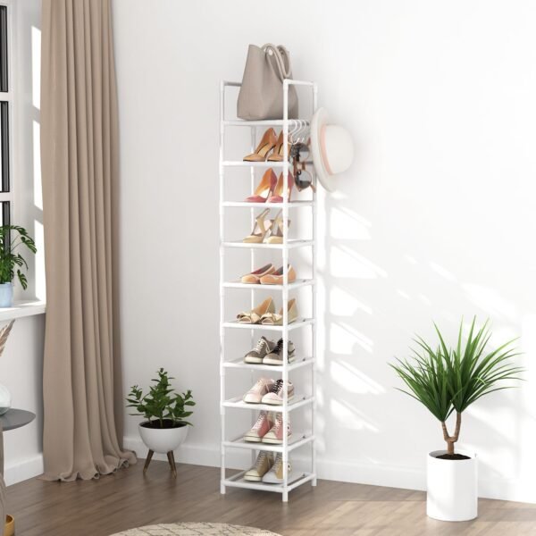 Tall Narrow Shoe Rack 10-Tier Skinny Shoe Shelf Storage for 10-15 Pairs Shoes and Boots, Space Saving Corner Shoe Rack Organizer for Closet, Entryway, Garage, Living Room,White - Image 7