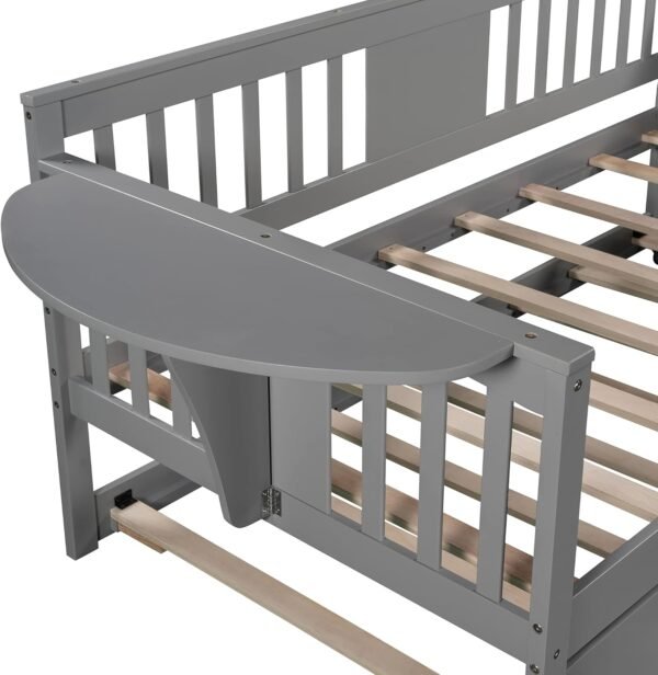 Twin Size Wooden Daybed with Trundle, Solid Wood Day Bed Sofa Bed with Samll Table on Both Sides for Living Room Bedroom Guestroom, Ideal Trundle Bed for Home, Space-Saving, Gray - Image 7