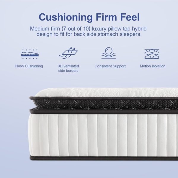 Suiforlun Queen Mattress 12 Inch, Pillow Top Cool Gel Memory Foam Hybrid Mattress with Luxury 7 Layers, Zone Encased Coils Innerspring for Back Pain Relief, Medium Firm, 120 Nights Trial - Image 4