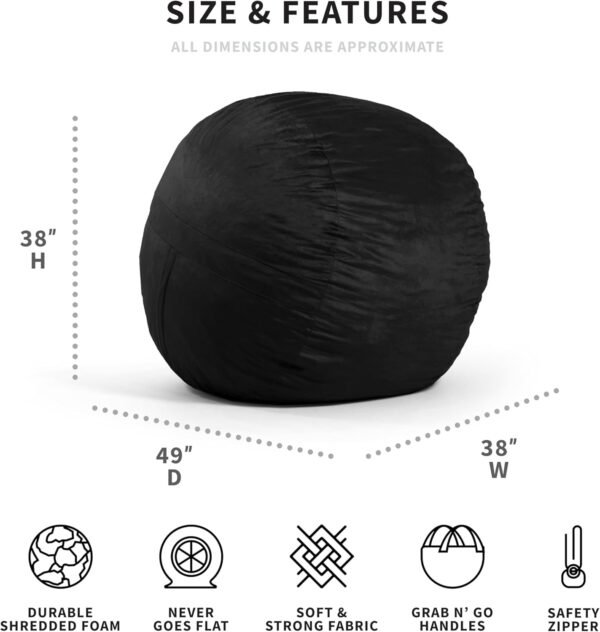 Big Joe Fuf Large Foam Filled Bean Bag Chair with Removable Cover, Black Plush, Soft Polyester, 4 feet Big - Image 2