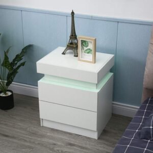 Nightstand, Modern High Gloss LED Lights Bedside End Table Bedroom Furniture Corner Storage Cabinet with 2 Drawers for Home Living Room College Dorm (White)