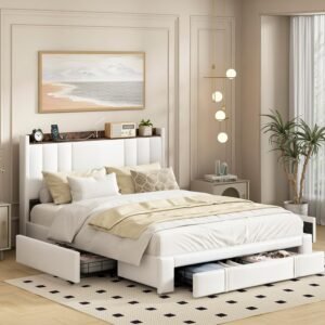 Bed Frame with USB Ports, Upholstered Platform Bed with Drawers, Noise-Free, No Box Spring Needed, Easy Assembly (White,Full, Type A)