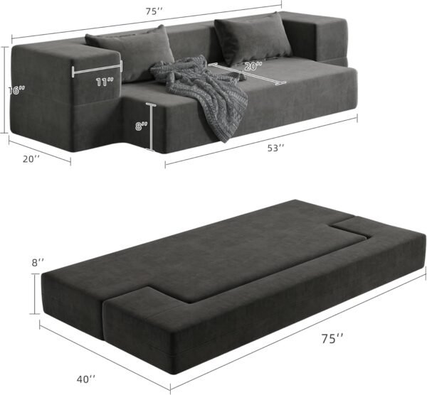 Luoxiao Folding Sofa Bed 2-in-1 Convertible Twin Sleeper Sofa Futon with 2 Pillows - Floor Couch & Bed Mattress for Apartments, College Dorms, Guest Room, Living Room, Dark Grey - Image 2