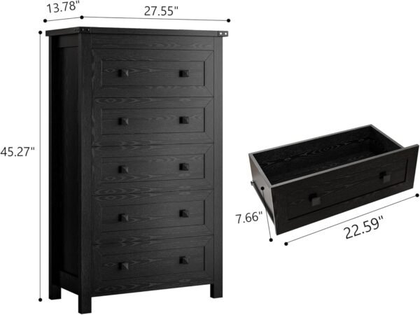 Black Dresser for Bedroom, Vertical 5 Drawer Dresser, Tall Wood Dresser Storage Organizer, Modern Narrow Slim Nightstand Bedside Table of Drawers for Hallway, Living Room, Dorm, Entryway - Image 2