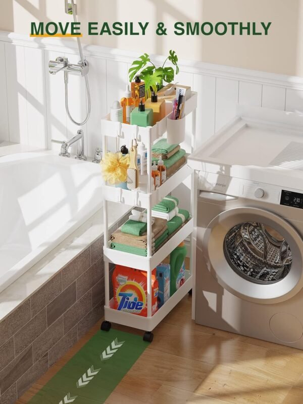 LEHOM Slim Rolling Storage Cart - 4 Tiers Bathroom Organizer Utility Cart Slide Out Storage Shelves Mobile Shelving Unit for Kitchen, Bedroom, Office, Laundry Room, Small Narrow Spaces (Pear White) - Image 6