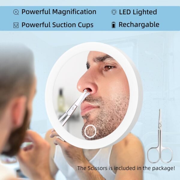 Magnifying Mirror with Light 10X, Lighted Magnifying Mirror 10X Magnification with 3 Suction Cups, 4inch Rechargeable Magnified Travel Makeup Mirror Magnifying Pocket Mirror with Scissors, Dimmable - Image 3