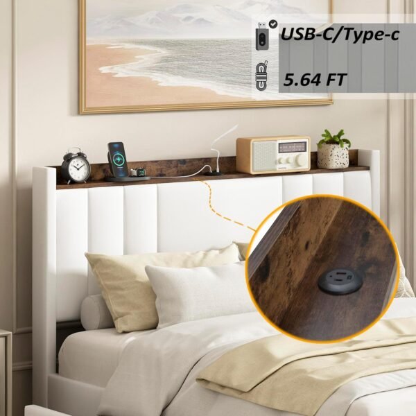Bed Frame with USB Ports, Upholstered Platform Bed with Drawers, Noise-Free, No Box Spring Needed, Easy Assembly (White,Full, Type A) - Image 4